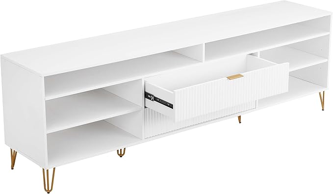 Manhattan Comfort Dumbo Mid Century Modern TV Stand for Televisions up to 80 Inches, Home Entertainment Center with Storage, 6 Shelves, 2 Drawers, No Tool Assembly, 85" Wide, White