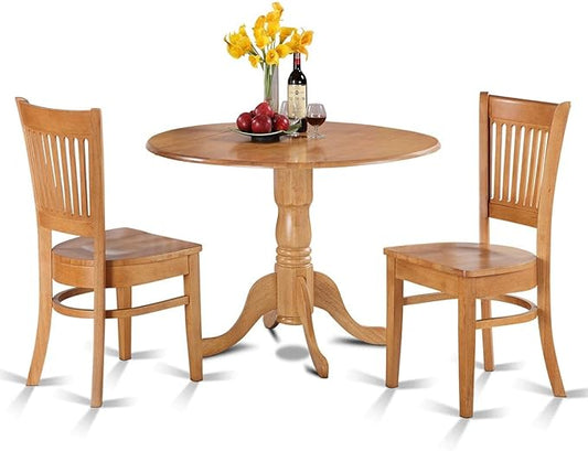 East West Furniture DLVA3-OAK-W 3 Piece Dining Table Set for Small Spaces Contains a Round Dining Room Table with Dropleaf and 2 Wooden Seat Chairs, 42x42 Inch, Oak