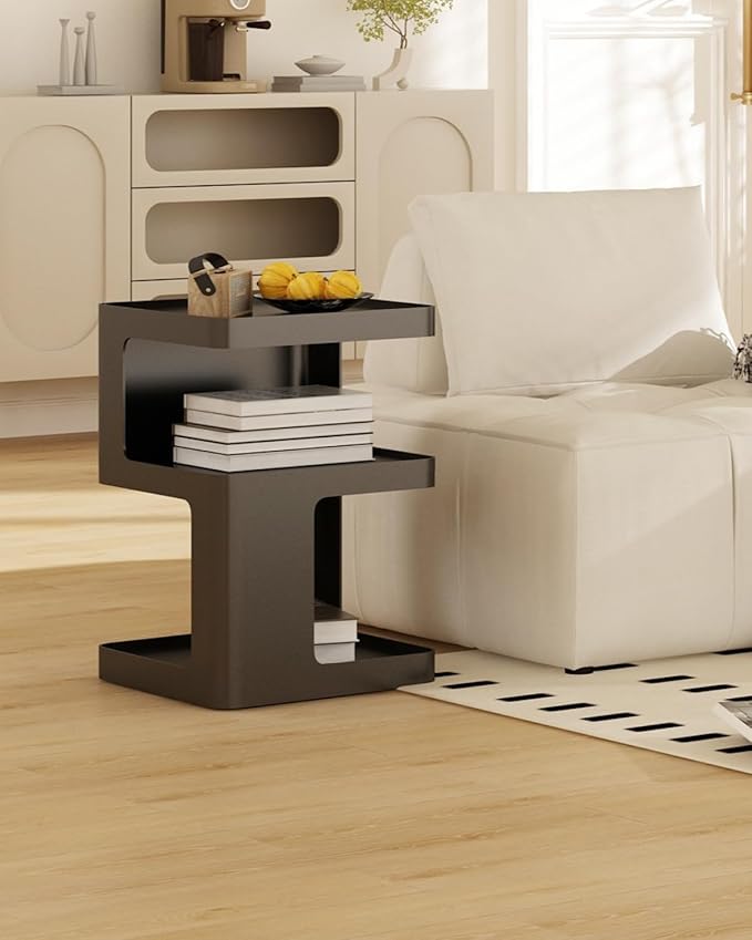 Black Modern Side Table, 3-Tier Metal NightStand with Storage, End Table Living Room, Small Night Stand for Bedroom, Bedside Table for Small Space, No Assembly Required