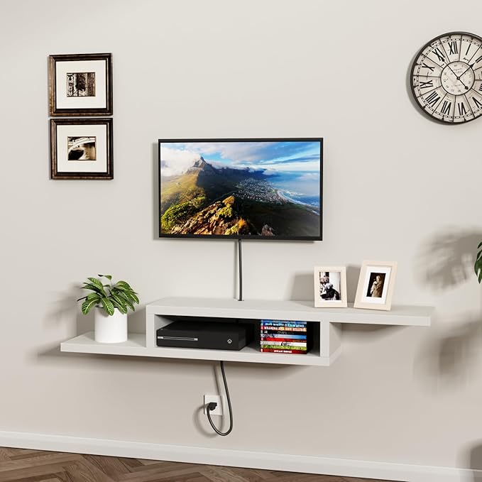 ChooChoo Wall Mounted TV Stand, Media Console Stand, 60” TV Storage Shelf, Floating TV Stand Entertainment Shelf for Living Room, Bedroom, White