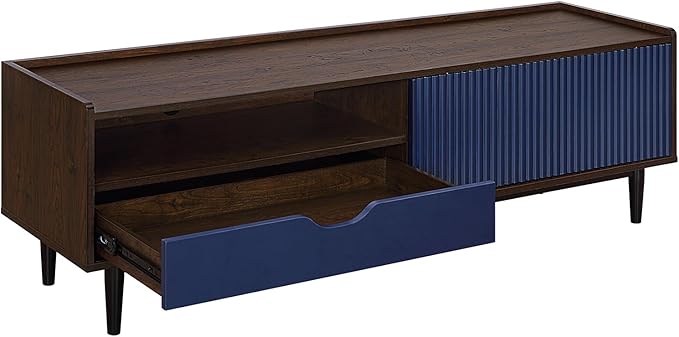 Manhattan Comfort Duane Modern Ribbed 55 Inch TV Stand with 1 Drawer, 2 Shelves, Sliding Door, and Wire Management, Mid-Century Style Entertainment Center and Media Console for Living Room, Navy Blue