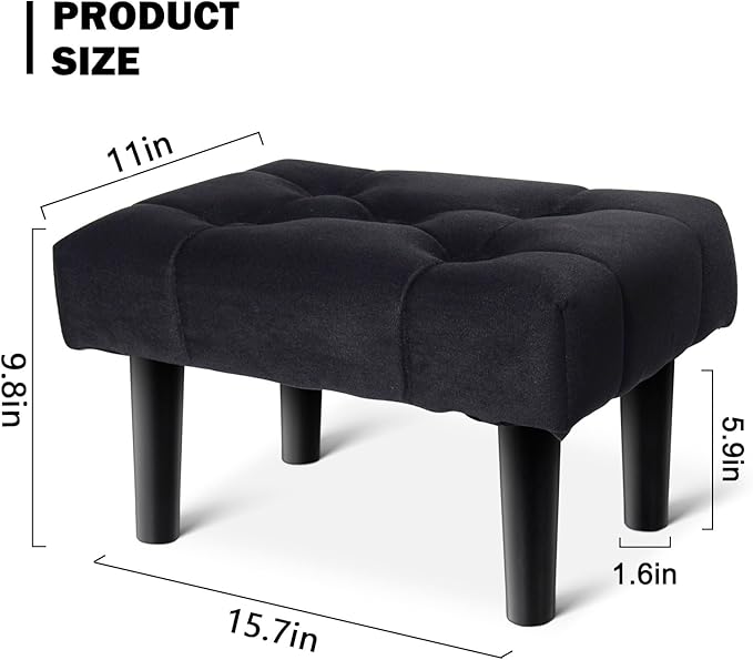 HOUCHICS Small Footstool Ottoman,Velvet Soft Footrest Ottoman with Wood Legs,Sofa Footrest Extra Seating for Living Room Entryway Office(Black 2PACK)