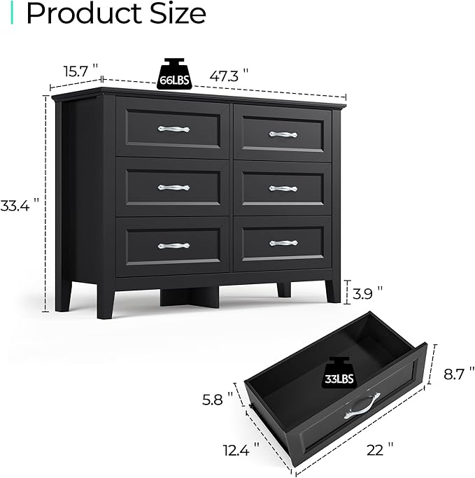 LINSY HOME 6 Drawers Dresser for Bedroom, 47" Wide Wooden Storage Chest with Antique Handles, Modern Farmhouse Dresser TV Stand with Wood Legs for Closet, Living Room, Hallway, Black