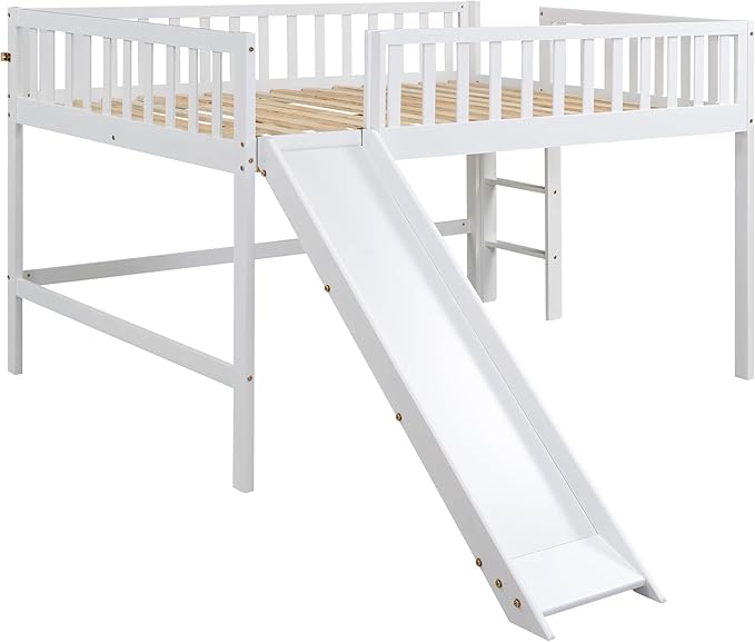 Full Size Low Loft Bed with Ladder and Slide,Vertical Design Wooden Bed Frame, for Kids and Young Teens, No Box Spring Required,Space-Saving,White