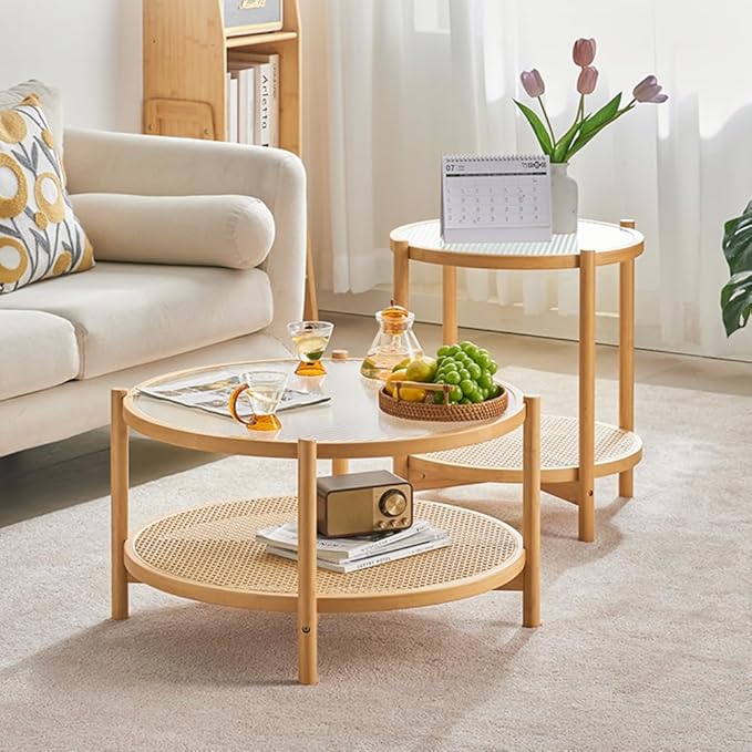 Tiita Rattan Coffee Table, Large Round End Table, 27.6 Inch Modern Side Table, Living Room Side Table, Glass Sofa End Table for Balcony and Office Outdoor/Indoor (Wood)