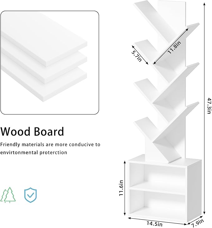 10 Tier Tree Bookshelf,Floor Standing Wood Tall Bookcase for Narrow Space, Storage Organizer Bookshelves for Books, Book Case for CDs/Movies/Books,Home Office,Living Room, Bedroom