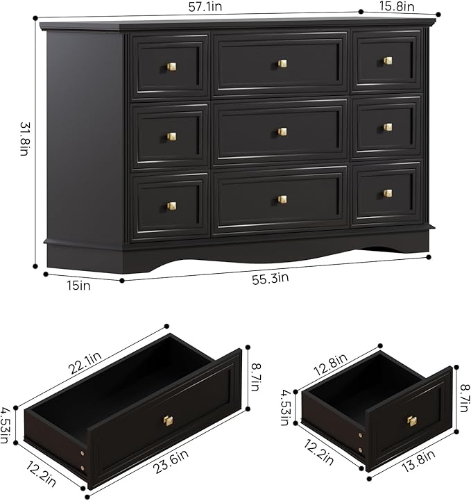 9-Drawer Dresser, 57" Wooden Chest of Drawers with Rustic Top, Modern Farmhouse Furniture Organizer, Bedroom Storage Cabinet for Clothes, Accessories, Living Room, or Entryway, Black