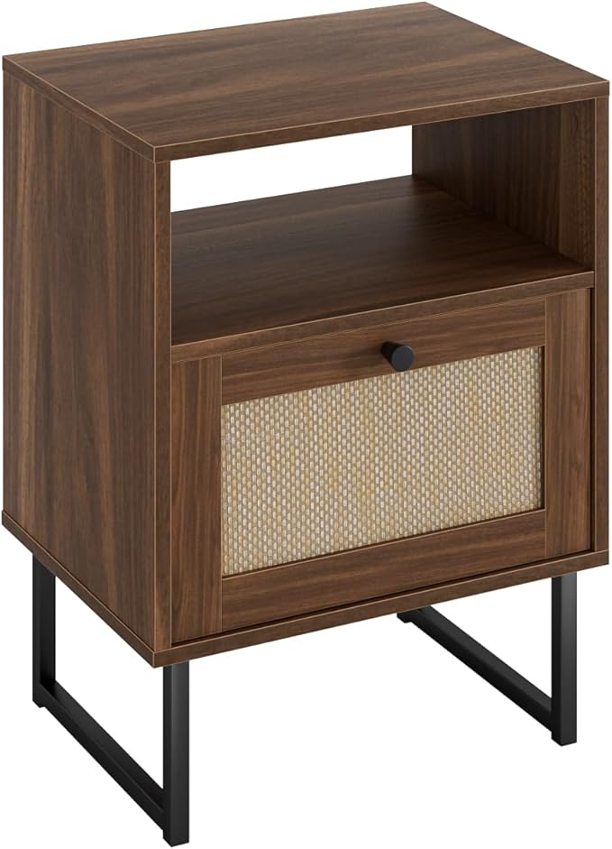 Masupu Extra Large Rattan Nightstand,Modern Boho Farmhouse Wood Bedside Table with Storage Drawer and Open Shelf, Black Frame Side End Table for Bedroom,Living Room,Office (Walnut)