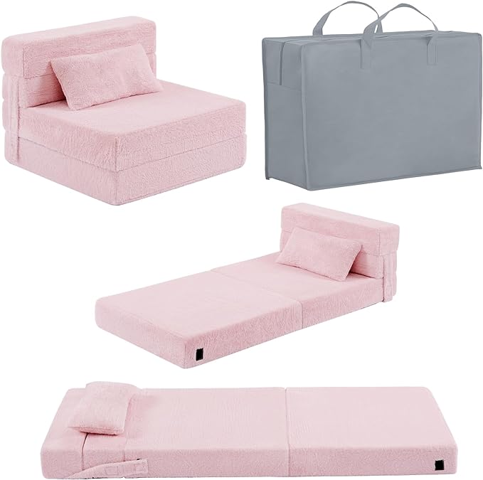 Folding Sofa Bed Floor Mattress for Kids with Pillow, Toddler Washable Folding Floor Nap Mat for Sleeping Daycare, Child Fold Up Sofa Futon Chair Bed with Storage Bag for Children