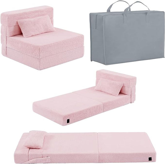 Folding Sofa Bed Floor Mattress for Kids with Pillow, Toddler Washable Folding Floor Nap Mat for Sleeping Daycare, Child Fold Up Sofa Futon Chair Bed with Storage Bag for Children