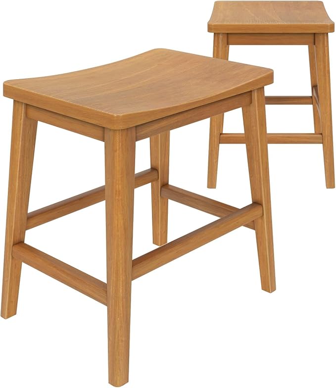 Plank+Beam Smythe Dining Stool, 18" Vanity Stools, Set of 2, Sturdy Wood Modern Kitchen Stool, Saddle Seat Backless Chair, Metal Footrest, Pecan