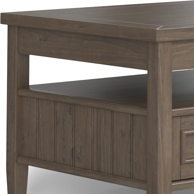 SIMPLIHOME Lev Lift Top Coffee Table - 48 inch Wide Solid Wood Rectangle Living Room Table in Smoky Brown, Transitional Cocktail Table for Family Room with Hidden Storage and Open Shelf