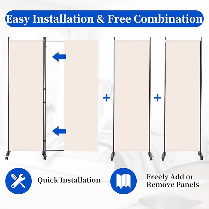 Room Divider 6FT Room Partition with Lockable Wheels, (Thicked Metal Base) Room Dividers, Freestanding Indoor Folding Privacy Screens, Portable Fabric Wall Divider for Separation, Beige