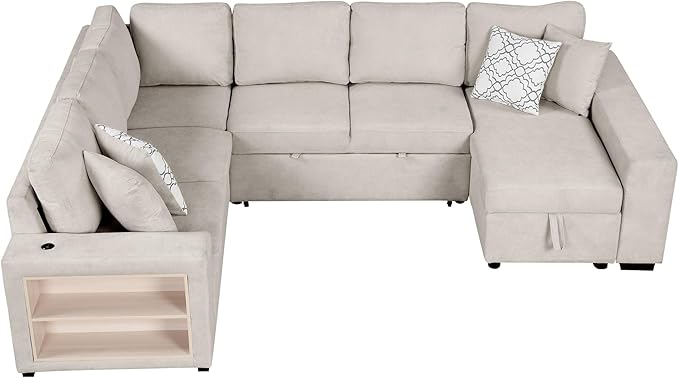 109" U-shaped Sectional Pull-out Sofa Bed with Storage Chaise,2-in-1 Convertible Couch W/ 4 Back Pillow & 2 USB Ports,Luxurious Sleeper Furniture Set for Living Room Large Space,Beige Chenille