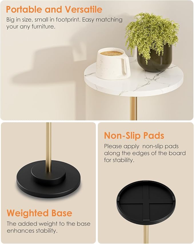 Round Side Table, Small Drink Table for Small Spaces, Modern Accent End Table Coffee Table with Metal Leg for Living Room, Bedroom, Corners, and Office (White Marble)