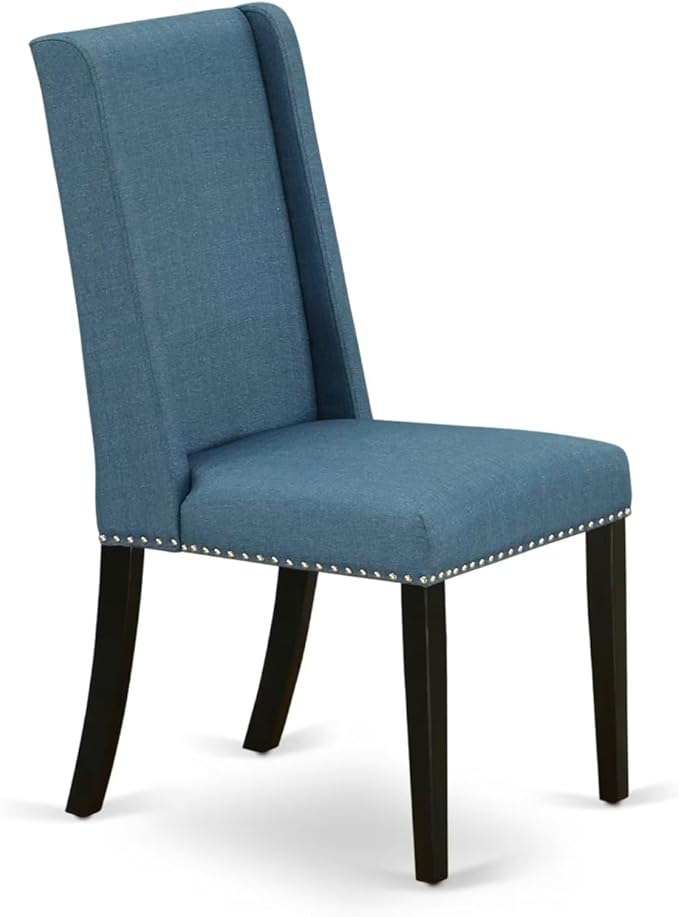 NEFL5-SBB-21-5-Piece Kitchen Dining Set Consists of a Dining Table and 4 Mineral Blue Linen Fabric Dining Chairs with Padded Chair Back - Sand Blasting Black Finish.