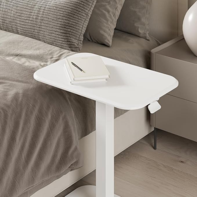 ERGOHOME™ ELEVANCE TABLE™ Height Adjustable Side Table for Couch or Bed, Laptop Table - Small End Table Office Coffee Table - C-Shaped Sofa Side Table with Multi-Function (White Base & Washed Oak Top)