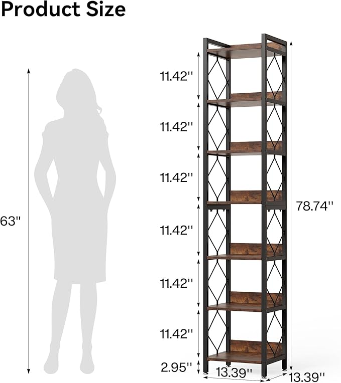 LITTLE TREE Book Shelf Set of 2, 7-Tier Tall Bookcase, Wooden Display Shelves with Metal Frame for Living Room, Modern Narrow Standing Bookshelves for Bedroom, Brown Office Shelf for Small Spaces