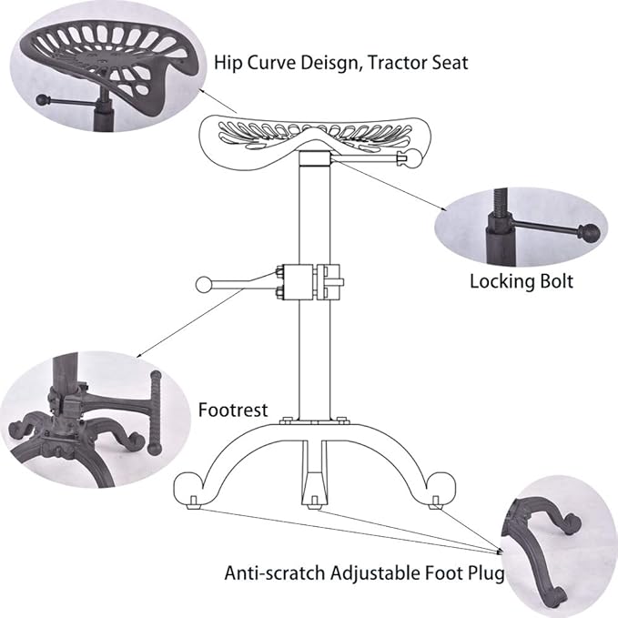 Industrial Bar Stool-Swivel Tractor Seat-Kitchen Dining Counter Chair-Extra Pub Height- Adjustable 24.8-31"-Iron Cast Design