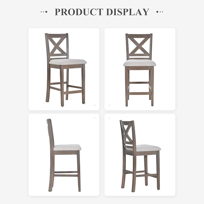 Upholstered Counter Height Bar Stools Set of 4, Modern Kitchen Island Barstools Chairs with Cross Back and Wood Legs for Dining Room Bar, Light Brown Wash