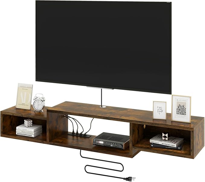 IBUYKE 59" Floating TV Stand Wall Mounted with Power Outlet,Wood Wall Mounted Media Console Shelf,Floating Entertainment Center for Under TV Storage for Living Room Bedroom Office,Rustic Brown WST007H