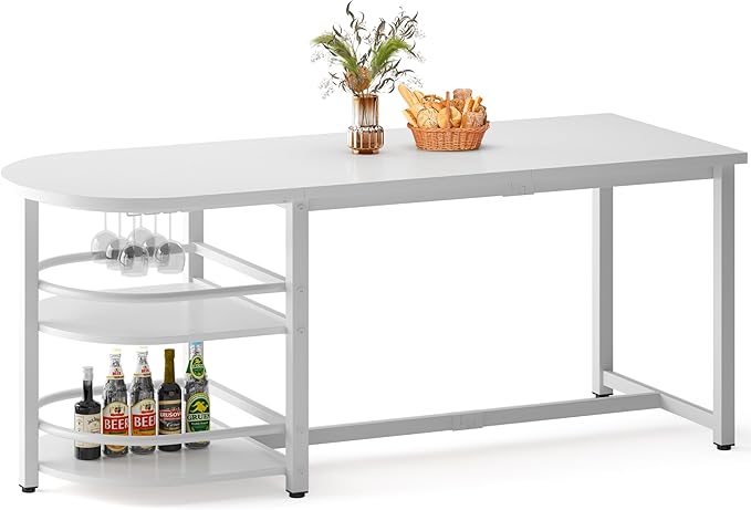 soges Dining Table for 4-6 Person, 71 inch Long Kitchen Dining Table for Living Room and Dining Room, Dinner Table with Storage Shelf & Cup Holder, Metal Legs(Only Table), White