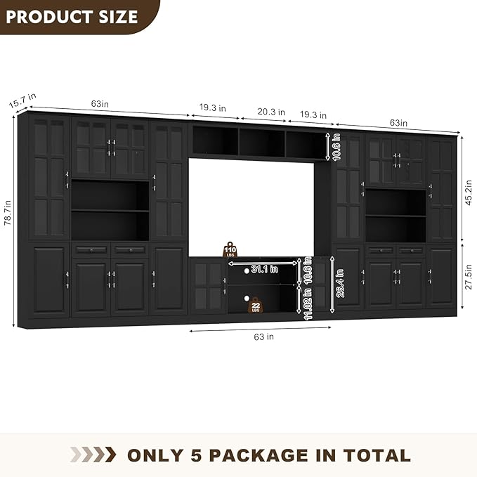 4-Piece Wall Unit TV Stand with Storage & LED Lights for TVs up to 75", Modern Entertainment Center with Bookshelves & 8-Door Pantry Cabinet, White Black