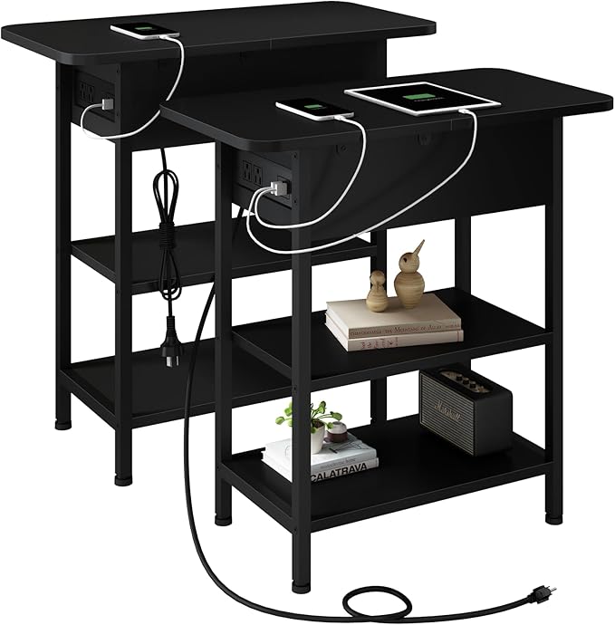 LIDYUK End Table with Charging Station, Set of 2 Flip Top Narrow Side Table for Small Spaces, Nightstands Set of 2 for Bedroom, End Tables Living Room with Storage Shelves, Black