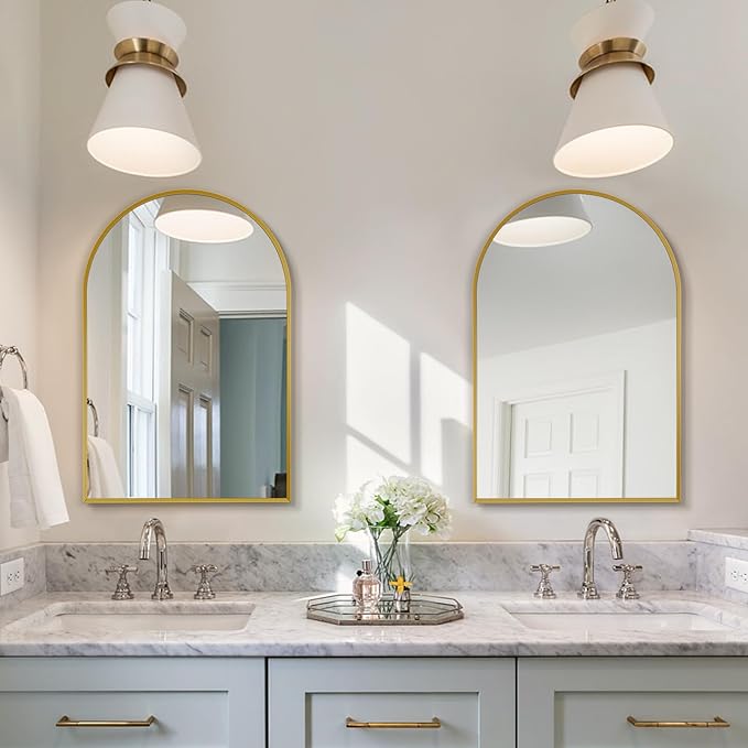Arched Wall Mirror for Bathroom, 24"x36" Gold Mordern Metal Frame for Entryway Living Room Bedroom Wall Decor