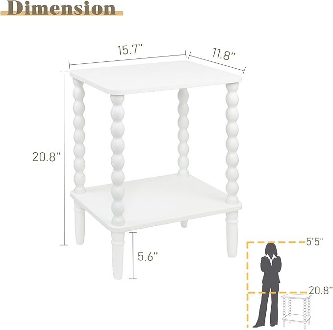 White End Table, Small Side Table with Storage Shelf, 2-Tier Modern NightStand for Bedroom, Living Room, Small Spaces (White)