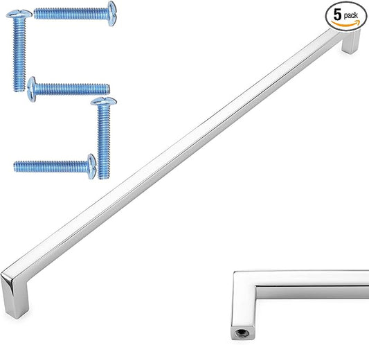 KOOFIZO Solid Square Bar Cabinet Handle - Chrome Furniture Pull, 12.6 Inch/320mm Screwhole Distance, Pack of 5 for Kitchen Cupboard Door, Bedroom Dresser Drawer, Bathroom Wardrobe Hardware