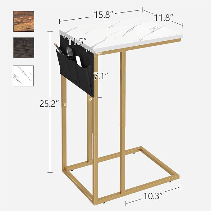 C Shaped End Table for Couch, Small Couch Side Table for Sofa, C Side Table with Storage Bag, TV Tray Table for Living Room, Bedside Table for Bedroom, Snack End Table for Couch, White