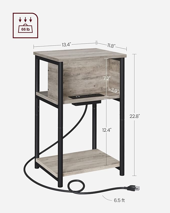 VASAGLE Side Table with Charging Station, 3-Tier End Table with USB Ports and Outlets, Nightstand for Living Room, Bedroom, 11.8 x 13.4 x 22.8 Inches, Plug-in Series, Greige and Black
