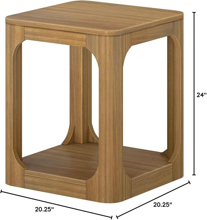 Plank+Beam Modern Rounded Square Side Table with Shelf, Solid Wood End Table for Living Room, 20in, Pecan