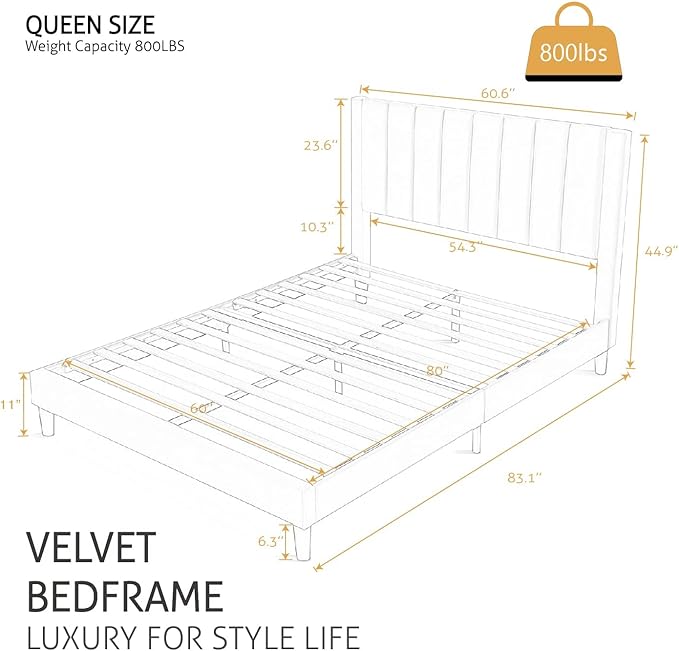 SHA CERLIN Queen Bed Frame/Velvet Upholstered Platform Bed Frame with Headboard/Strong Wood Slats Support/Mattress Foundation/No Box Spring Needed - Green