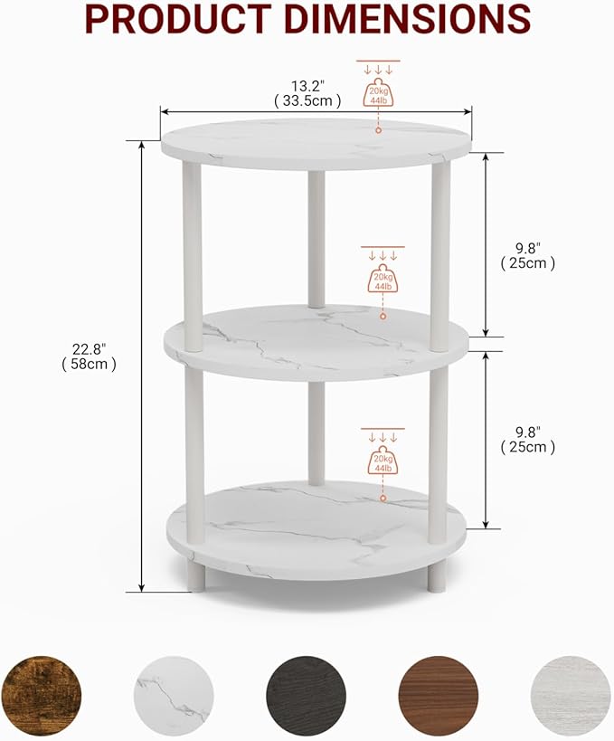 Small Round End Table - 3 Tier Design Accent Table, Narrow Side or Bedside Stand, Industrial Vintage Nightstand for Bedroom, Living Room, or Small Spaces, Marble White