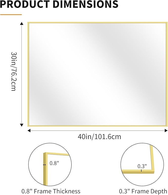 KOCUUY 30x40 Inch Large Gold Wall Mounted Mirror,Aluminum Framed Decorative Rectangular Bathroom Mirror for Wall Over Sink,Vanity Mirror for Bedroom Living Room Bathroom,Functional Oversized Mirror