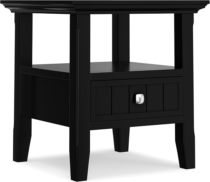 SIMPLIHOME Acadian 19-inch Wide Solid Wood End Table with Drawer and Open Shelf in Black for Living Room, Bedroom, or Entryway