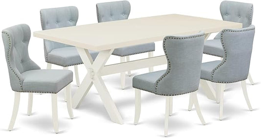 East West Furniture X027SI215-7 7 Piece Dining Table Set Consist of a Rectangle Kitchen Table with X-Legs and 6 Baby Blue Linen Fabric Parson Dining Room Chairs, 40x72 Inch, Multi-Color