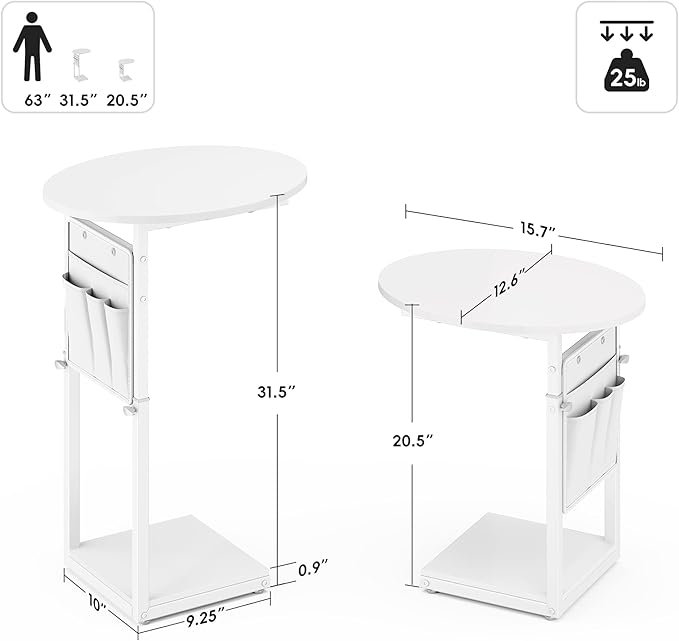 Vagusicc C Shaped End Table, Adjustable Height Small Side Table for Couch and Recliner, 32" Tall Couch Side Table Slide Under Sofa Tray Desk with Storage Bag for Living Room and Bedroom, White