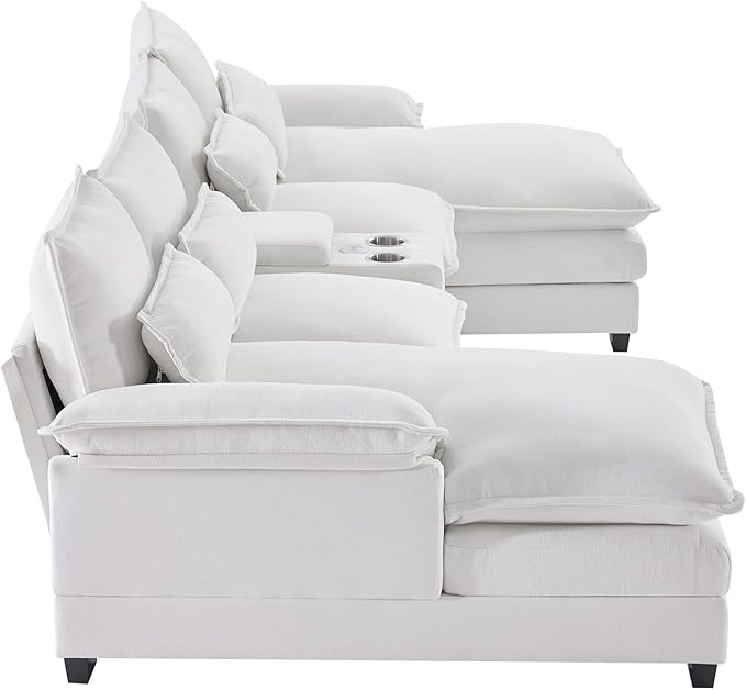 Merax U-Shaped Sectional Sofa with Cupholders, Console and USB Charging Ports, 6-seat Chenille Upholstered Sleeper Couch with Symmetrical Chaise for Living Room, Apartment, 123", White