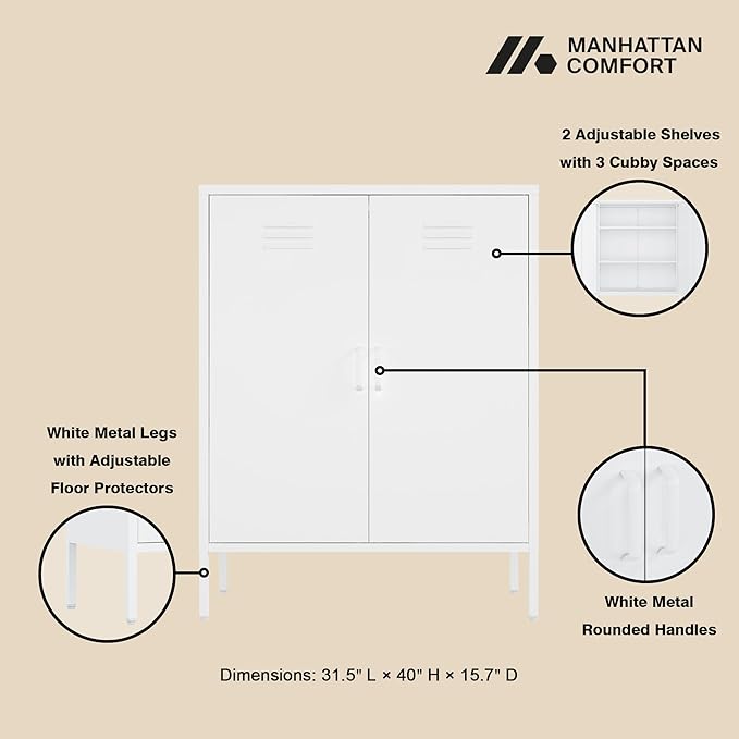 Manhattan Comfort Naomi Modern Metal Accent Cabinet, Minimalist Storage Cabinet with Doors & Adjustable Shelves, Vented Doors, Sturdy Steel Build, Versatile & Multi-Purpose Home Furniture, White