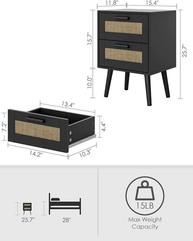 Masupu Rattan Night Stand, Modern nightstand Boho Bedside Table with 2 Drawer,Small End Side Table for Bedroom,Living Room,Office,Black