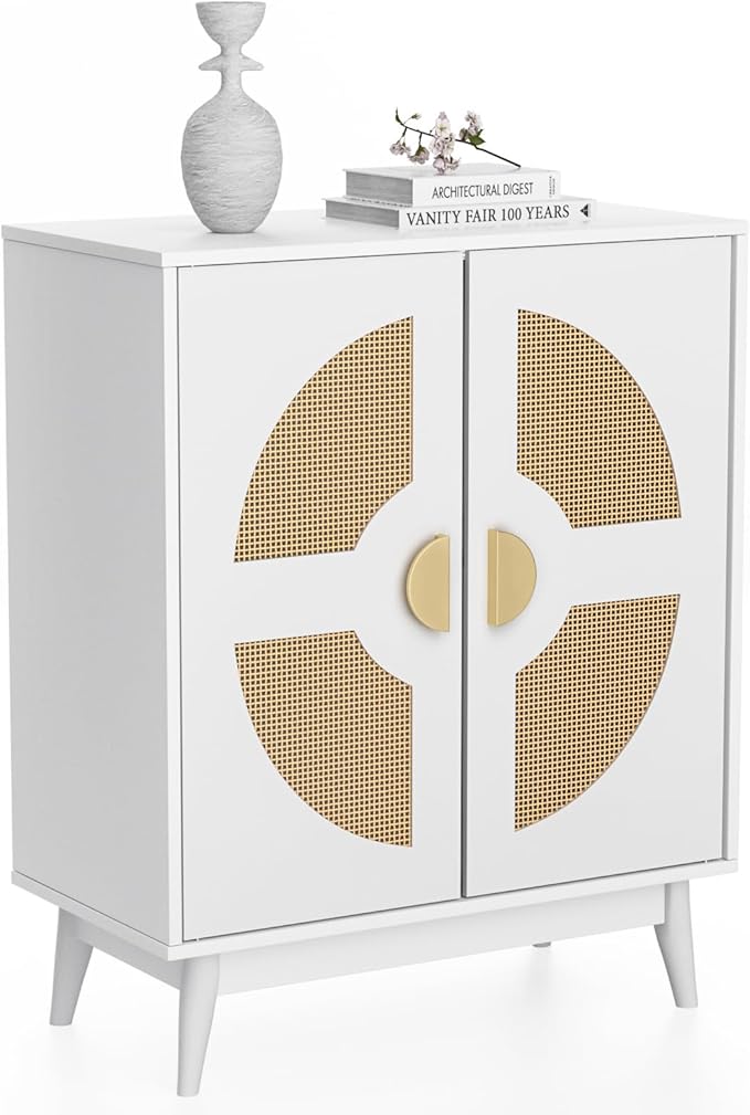 Buffet Cabinet White with Storage, Kitchen Sideboard with Doors & Shelves, Rattan Accent Buffet Console Walnut Media Console Mid Century Coffee Bar Table for Living Room Kitchen Dining Room