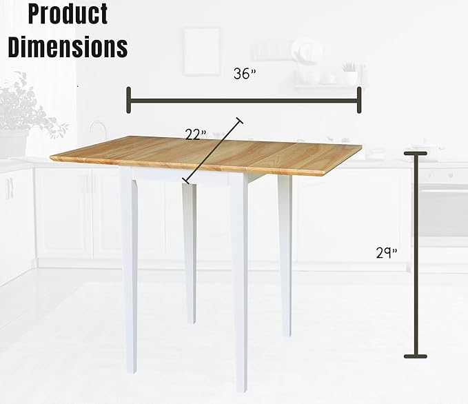 IC International Concepts, Solid Wood Small Drop Leaf Dining Table, Solid Real Wood, Sturdy Parawood, White/Natural