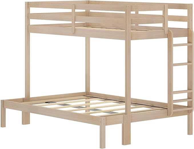 Grain & Grove Bear Twin Over Full Bunk Bed, Sturdy Bunk Bed Frame for Kids, Plywood Bunk with Ladder, Guardrail, and Slats, No Box Spring Required, Oak Embossed Natural