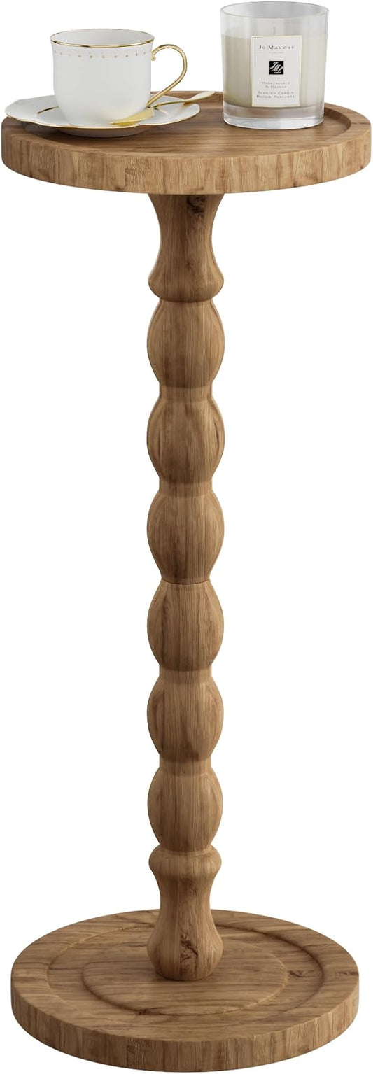 Solid Wood Drink Table, Rubber Wood‌ Small Round Side Table for Small Spaces, Martini Tables, Pedestal End Tables for Living Room, Bedroom, Corners, and Office (Brown, 9.4 inch)