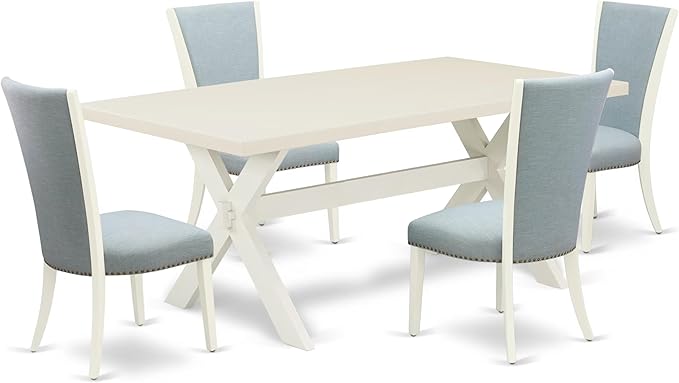 East West Furniture X027VE215-5 5 Piece Kitchen Table & Chairs Set Includes a Rectangle Dining Room Table with X-Legs and 4 Baby Blue Linen Fabric Parsons Chairs, 40x72 Inch, Multi-Color