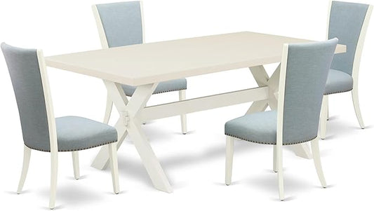 East West Furniture X027VE215-5 5 Piece Kitchen Table & Chairs Set Includes a Rectangle Dining Room Table with X-Legs and 4 Baby Blue Linen Fabric Parsons Chairs, 40x72 Inch, Multi-Color