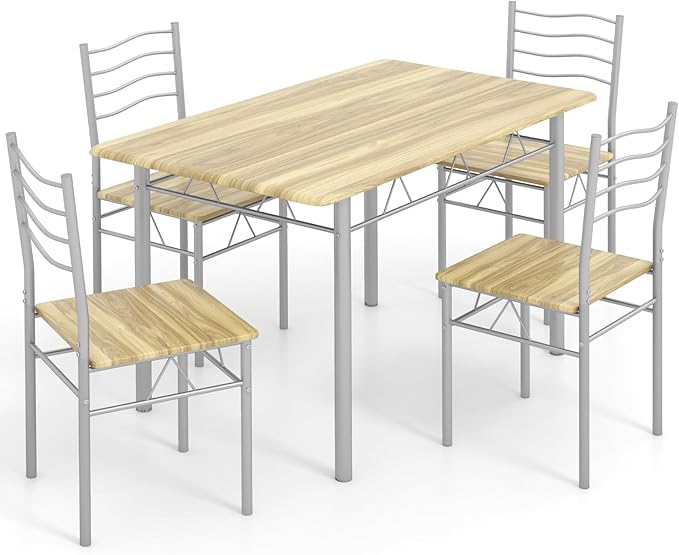 5 Piece Dining Table Set for 4 Chairs Modern Wood Metal Kitchen Breakfast Furniture (Shallow Walnut)